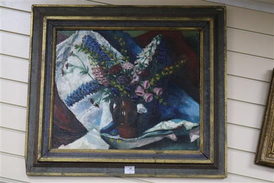 Alfred Wolmark, oil on canvas, still life of hollyhocks in a jug, signed, 50 x 60cm